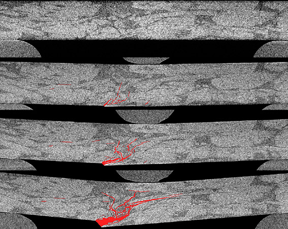 Rissausbreitung in einem CMC-Werkstoff während steigender mechanischer  Biegebelastung, gemessen mittels In-situ-Computertomographie