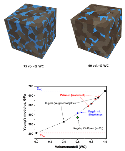 Ergebnisse der Mikrostruktur-Eigenschafts-Simulation an WC/Co Elastizitätsmodul in Abhängigkeit vom WC-Volumenanteil
