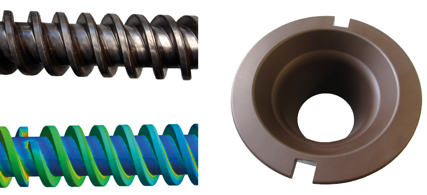 Extrusionsschnecke, Armierung aus Si3N4-TiN, Einlasstrichter, Glas-Flacon-Produktion