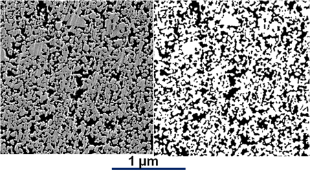 Mikrostruktur einer oxidkeramischen entbinderten Grünprobe (links) sowie binarisiertes Bild (rechts)