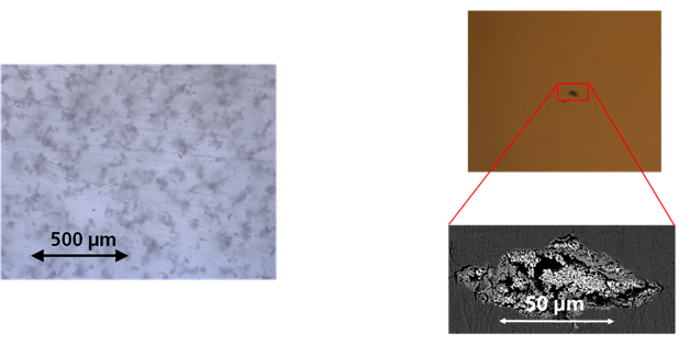 Fehler in einer mit Immersionslösung getränkten entbinderten Grünprobe einer Oxidkeramik und REM-Bild des Fehlers nach Zielpräparation (rechts) sowie lichtmikroskopische Aufnahme der Porenstruktur nach teilweisem Abziehen der Immersionslösung (links)