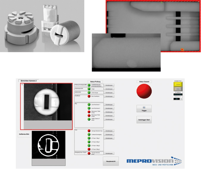Oberflächenbewertung bei komplexen Geometrien: Technische Keramikteile (links oben), Detailaufnahme mit Oberflächendefekt (rechts oben), Screenshot der Software von Meprovision (unten)