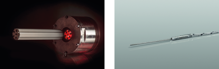 Links: Extrusion von MgO-Wickelkörpern (Quelle: TechnoKer); Rechts: Thermofühler (Quelle: GC-heat)