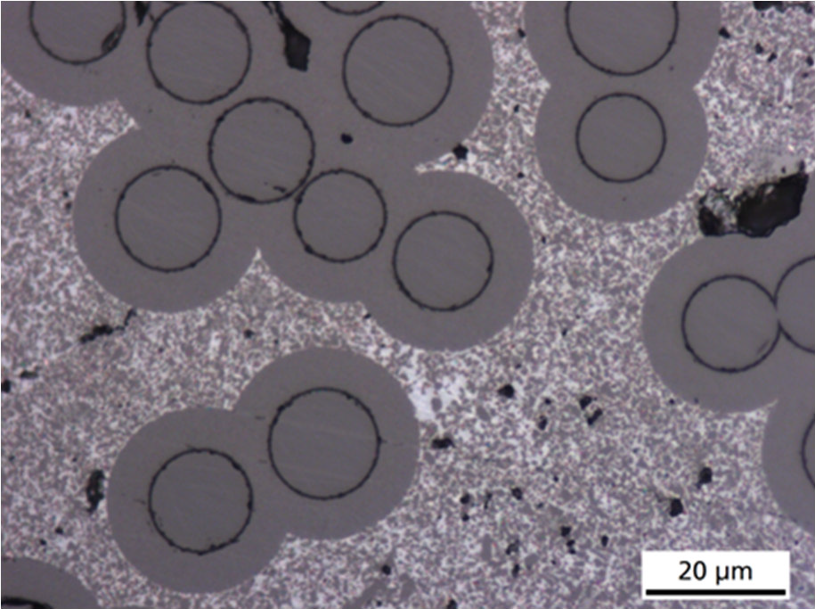 Vollständig erhaltene SiC-Fasern, eingebettet in einer SiSiC-Matrix in 200 mm langem Minikomposit MK5 aus Serie 3. LIMI-Bild, 1000-fache Vergrößerung.