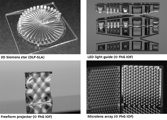 Examples of 3D-printed optical components made of ORMOCER®s: In the project, similar optics made of temperature-stable, optically transparent materials are produced by digital manufacturing