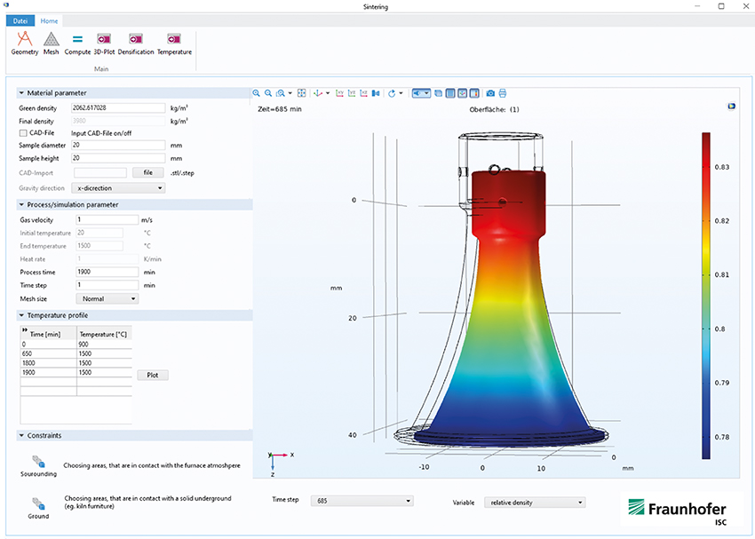 User interface of the user app for optimizing sintering processes