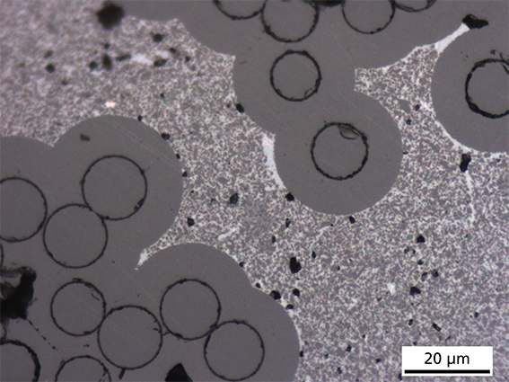 Material structure of a SiC/SiC composite with coated SiC fibres embedded in a fine-scale SiSiC matrix