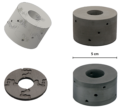 Production stages for a valve core with complex channel structures: CAD file (top left), printed green body (top right), horizontal section to illustrate the channels (bottom left) and sintered and reworked component (bottom right)