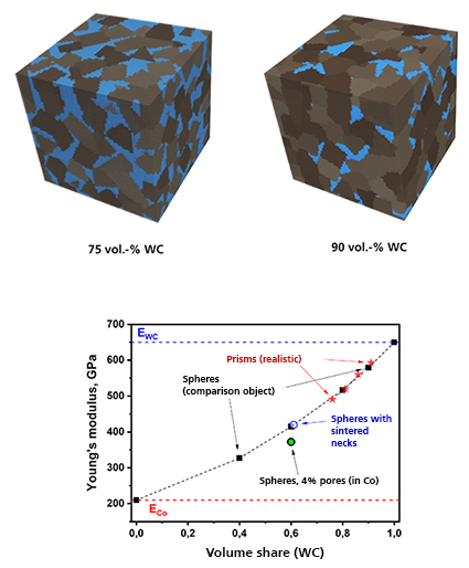 Results of the microstructure-property simulation of the modulus of elasticity of WC/Co as a function of WC volume fraction