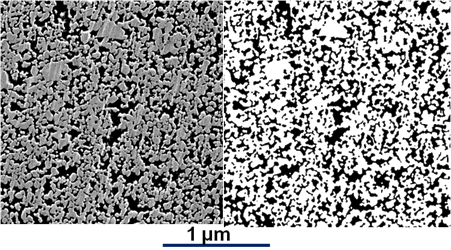 Microstructure of an oxide ceramic debound green sample (left) and binarised image (right)