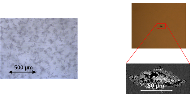 Defect in a debound green sample of an oxide ceramic impregnated with immersion solution and SEM image of the defect after target preparation (right) and light microscopic image of the pore structure after partial removal of the immersion solution (left)