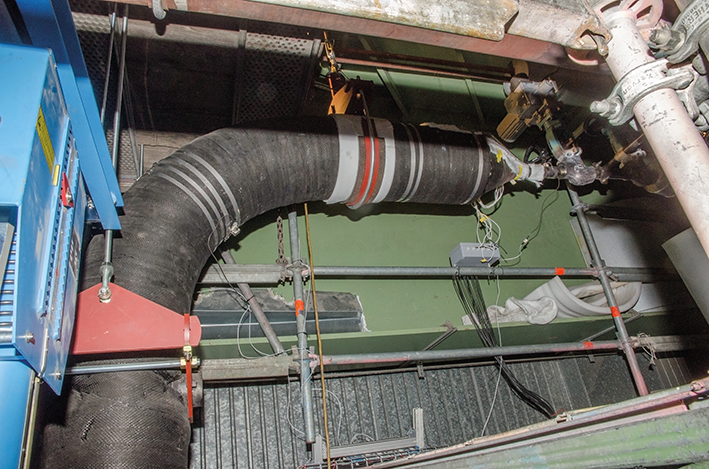 CMC-reinforced steel pipeline bend during application testing in unit 6 of the large power plant in Mannheim