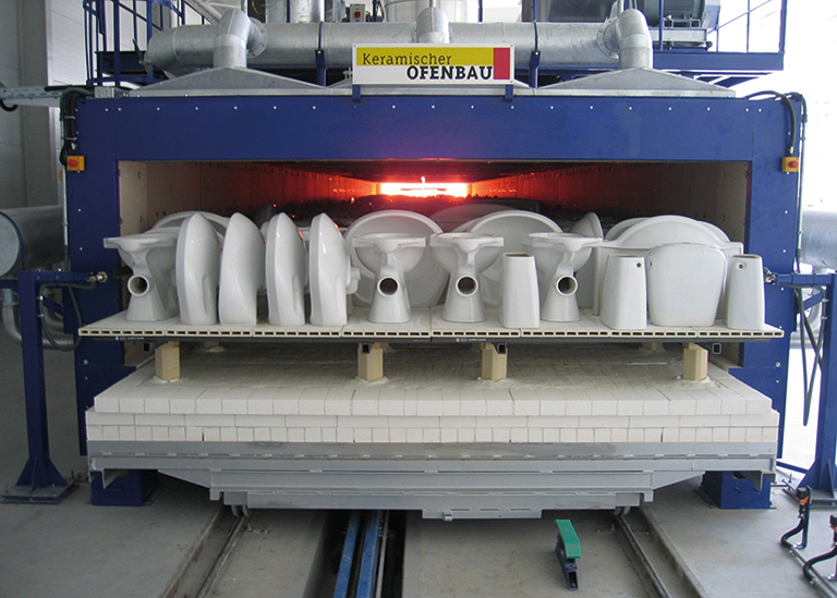 View into a tunnel kiln for the firing of sanitary ceramics