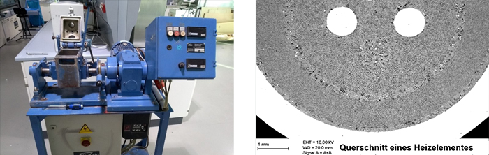 Left: Mini Kneader from Linde: Set up at the HTL for transfer to the pilot plant scale at Technoker; Right: SEM image of a heating element with different MgO layers and recesses (white) for two contact wires.